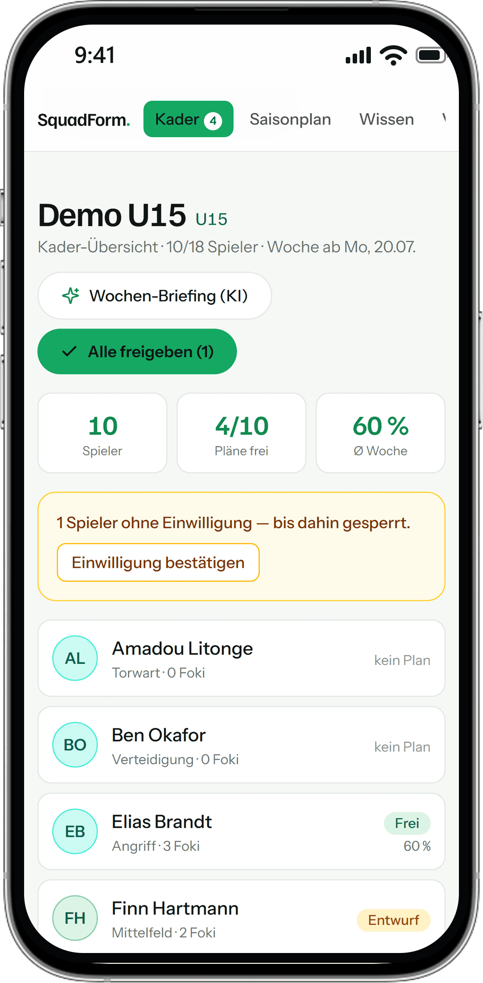 Trainer-Dashboard mit Kader, KI-Briefing und Freigabe