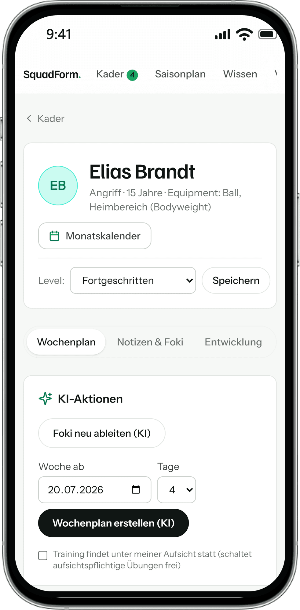 Spielerprofil mit KI-Aktionen für Foki und Wochenplan