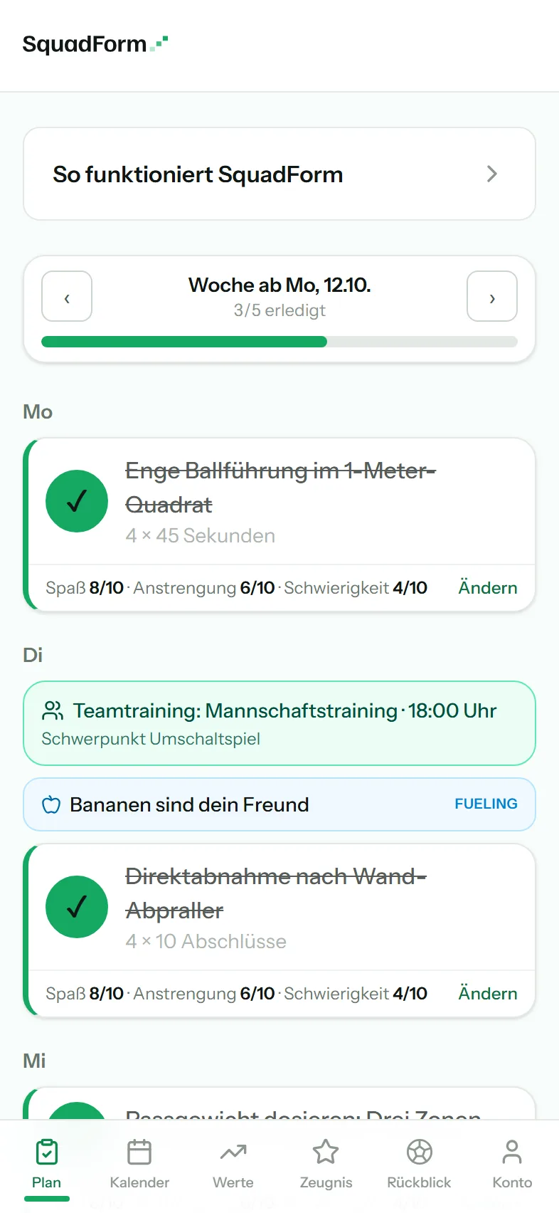 Spieler-Ansicht: individueller Wochenplan mit Übungen zum Abhaken